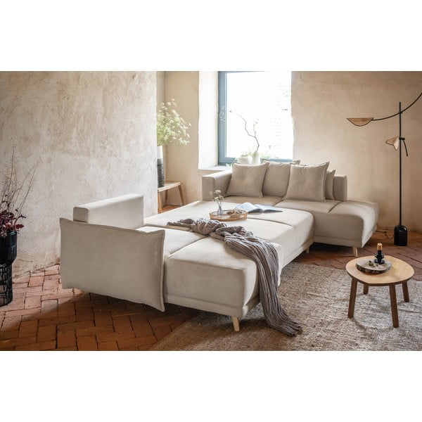 Bež raztegljiva kotna sedežna garnitura iz rebrastega žameta (desni kot/v obliki črke "U") Lazy Lukka – Miuform-image-4