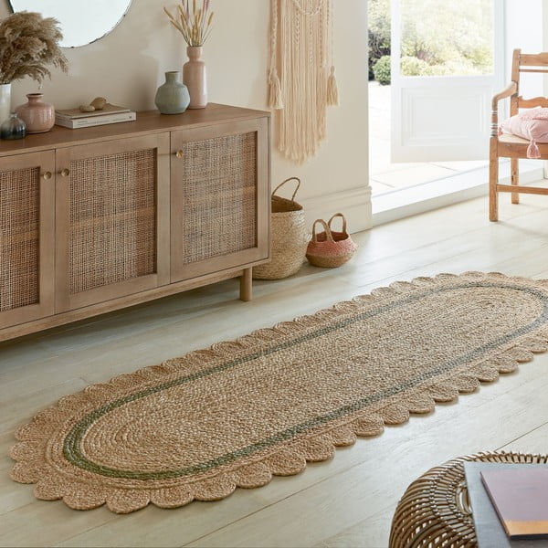 Temno zelen/naraven ročno tkan tekač iz jute 80x230 cm Grace Green – Flair Rugs-image-1