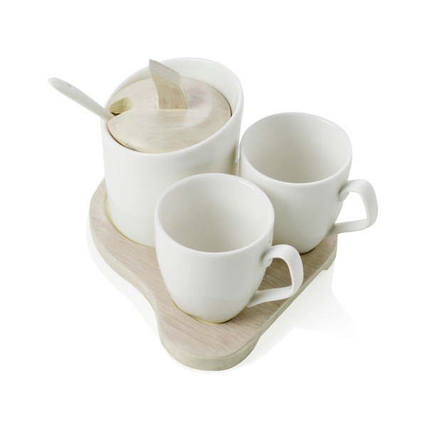 Komplet 2 porcelanastih skodelic in sladkorne sklede z žlico na bambusovem pladnju Brandani Square-image-1