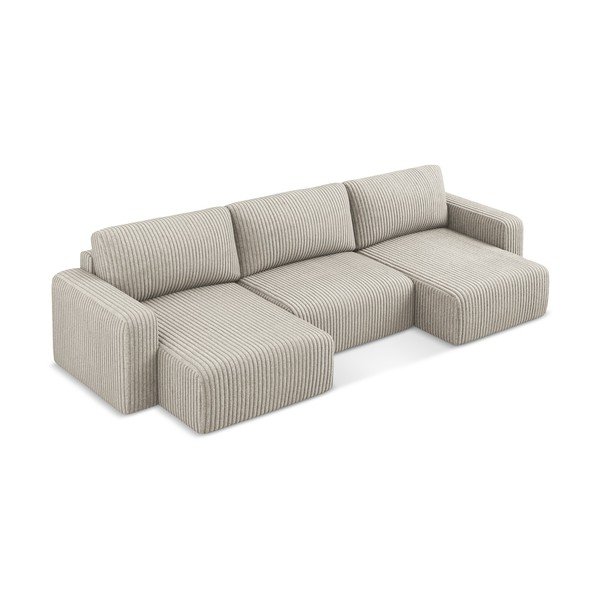 Bež raztegljiva/s prostorom za shranjevanje kotna sedežna garnitura iz rebrastega žameta (v obliki črke "U") Kona – Makamii-image-3