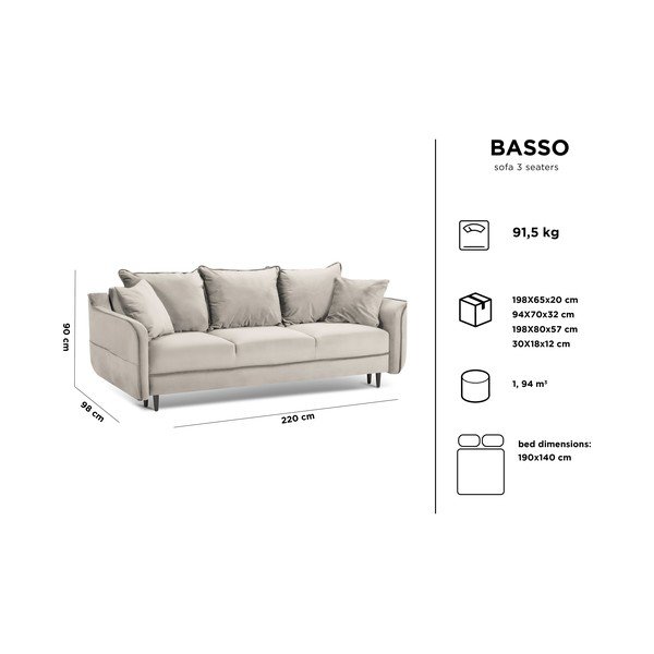 Svetlo siva žametna raztegljiva zofa Kooko Home Basso-image-4