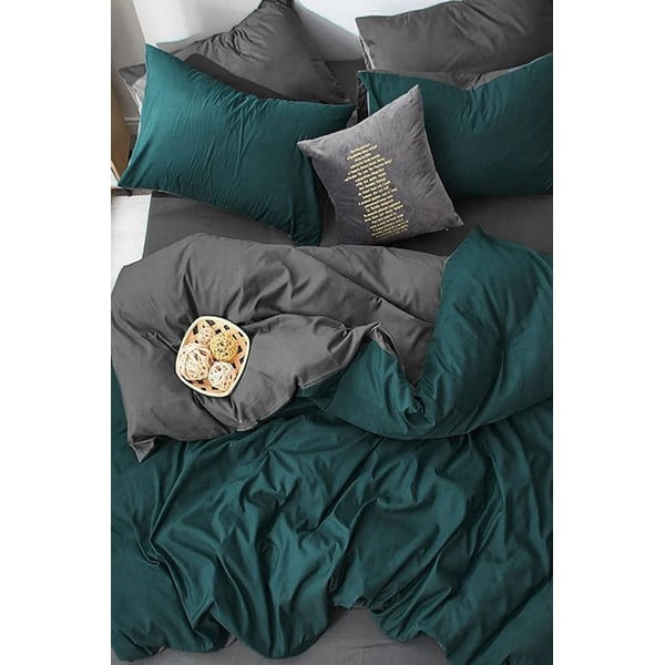 Temno zeleno-siva bombažna podaljšana posteljnina z rjuho 160x220 cm - Mila Home