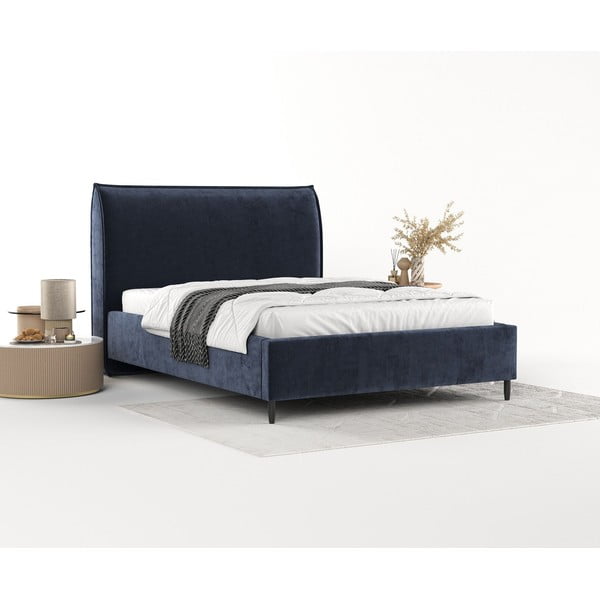 Temno modra oblazinjena zakonska postelja s prostorom za shranjevanje z letvenim dnom 180x200 cm Shell – Maison de Rêve-image-1