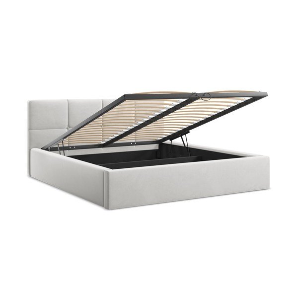 Svetlo siva žametna oblazinjena zakonska postelja s prostorom za shranjevanje z letvenim dnom 140x200 cm Hiko – Makamii-image-2