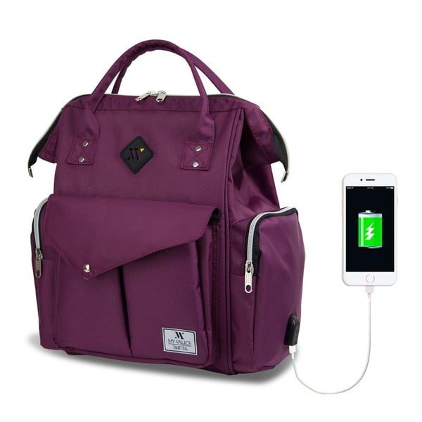 Vijoličen nahrbtnik za mamice z USB priključkom My Valice HAPPY MOM Baby Care Backpack
