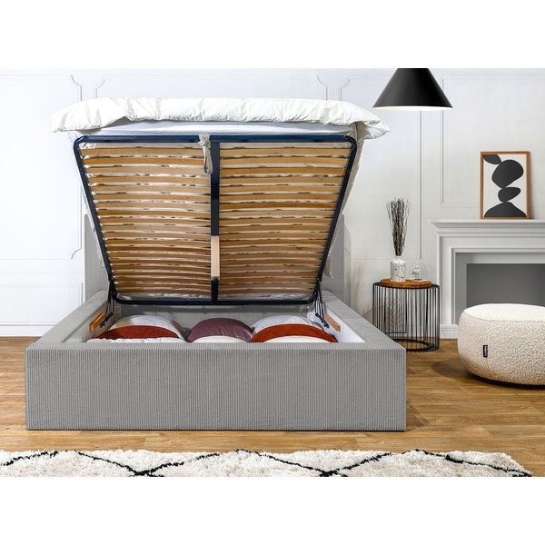 Svetlo siva oblazinjena zakonska postelja s prostorom za shranjevanje in letvenim dnom 160x200 cm Nihad – Bobochic Paris-image-4