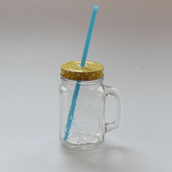 Steklo z rumenim pokrovom in modro slamico Dakls, 450 ml