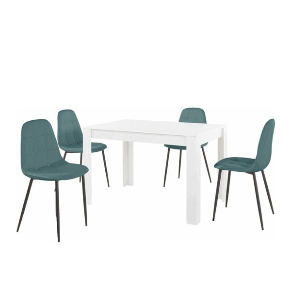 Komplet bele jedilne mize in 4 modrih jedilnih stolov Støraa Lori Lamar