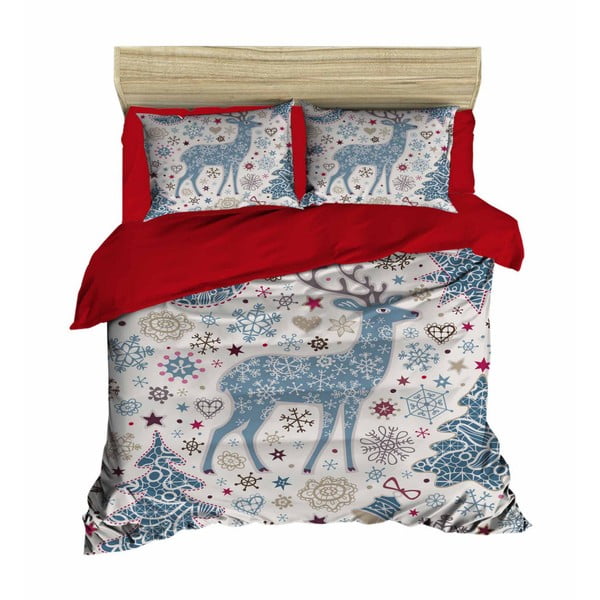 Komplet posteljnine in rjuh za zakonsko posteljo Božični severni jelen Modra, 200 x 220 cm