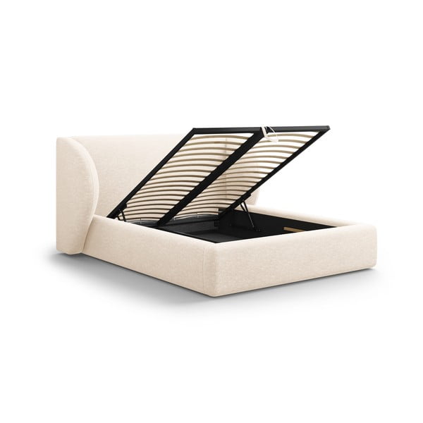 Kremno bela oblazinjena zakonska postelja s prostorom za shranjevanje in z letvenim dnom 160x200 cm Miley – Micadoni -image-3