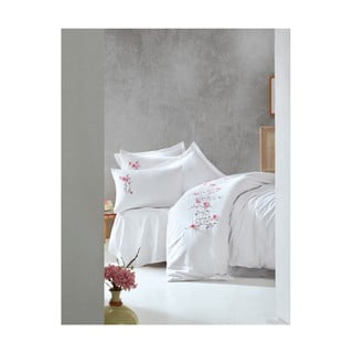 Bela satenasta posteljnina z rjuho Perla White, 200 x 220 cm