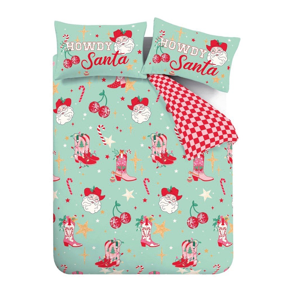 Zelena/rožnata enojna posteljnina Santa's Howdy Christmas