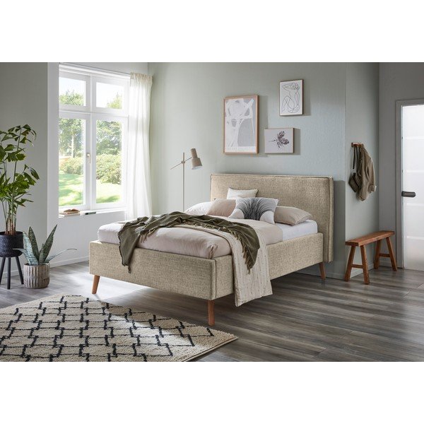 Bež oblazinjena zakonska postelja s prostorom za shranjevanje z letvenim dnom 140x200 cm Riva – Meise Möbel-image-1