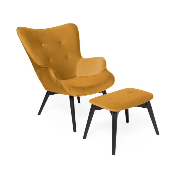 Gorčično rumen fotelj in podnožje s črno podlago Vivonita Cora Velvet