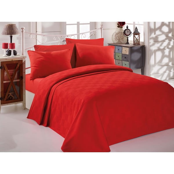 Komplet rdečega bombažnega pregrinjala, rjuhe in prevleke za vzglavnik za zakonsko posteljo EnLora Home InColor Red, 160 x 235 cm