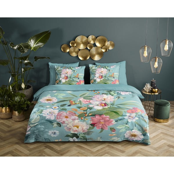 Modra enojna podaljšana posteljnina iz bombažnega satena 140x220 cm Fungi – Descanso-image-1