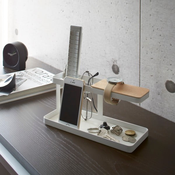 Belo večnamensko stojalo z detalji iz bukovega lesa YAMAZAKI Tower Desk Bar-image-1