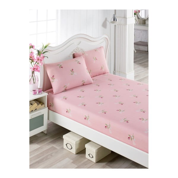 Lunteo Lusno enojna posteljnina in 2 vzglavnika iz bombaža, roza, 100 x 200 cm