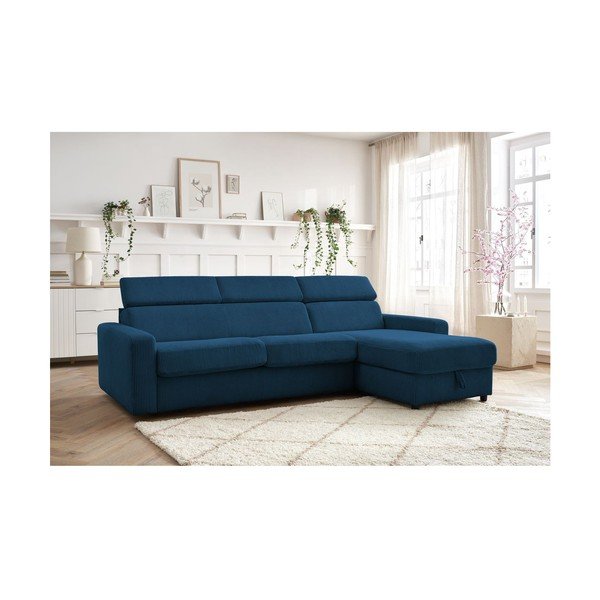 Temno modra raztegljiva kotna sedežna garnitura iz rebrastega žameta (s kotom po izbiri) Monaco – Bobochic Paris-image-1