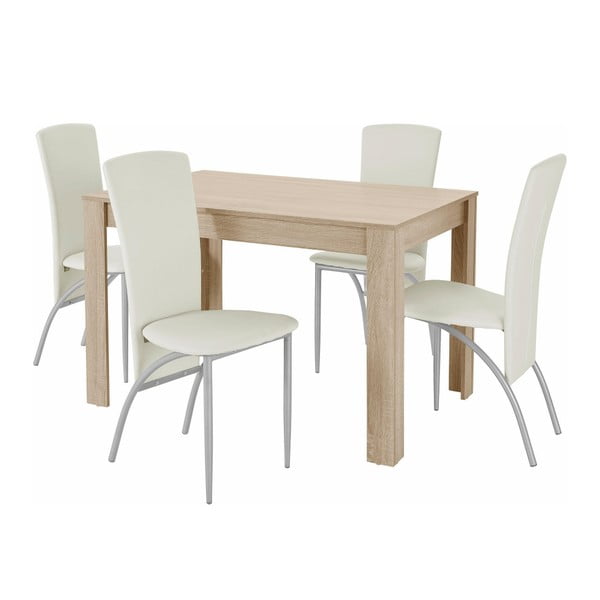 Garnitura jedilne mize in 4 belih jedilnih stolov Støraa Lori Nevada Oak White