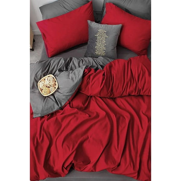Rdeče-siva bombažna podaljšana posteljnina za zakonsko posteljo z rjuho 200x220 cm - Mila Home