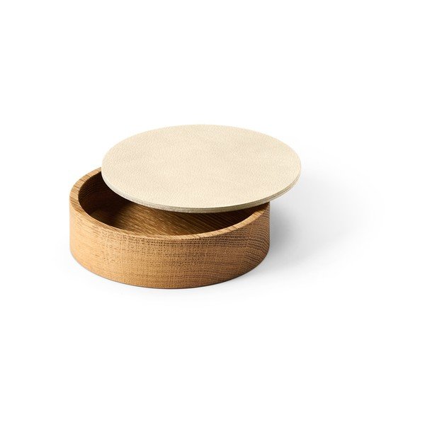 Kremno bela dekorativna škatla za shranjevanje s pokrovom iz lesa in eko usnja ø 11x3,5 cm Circle Nupo – LIND DNA-image-1
