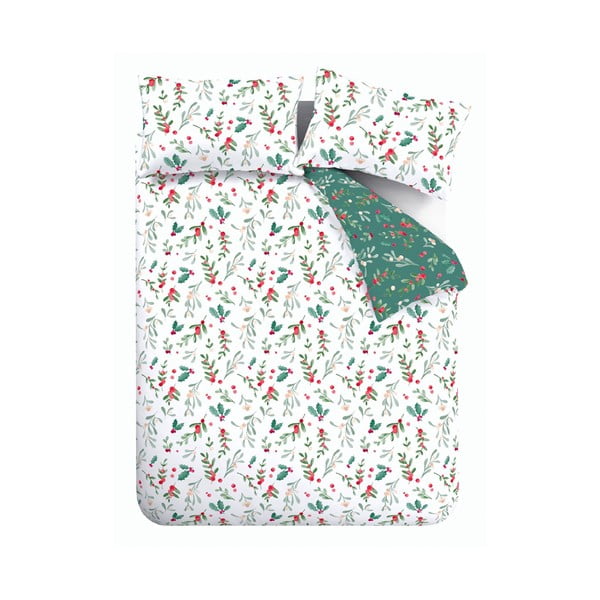 Bela/zelena podaljšana flanelna posteljnina za zakonsko posteljo 230x220 cm Holly and Mistletoe – Catherine Lansfield