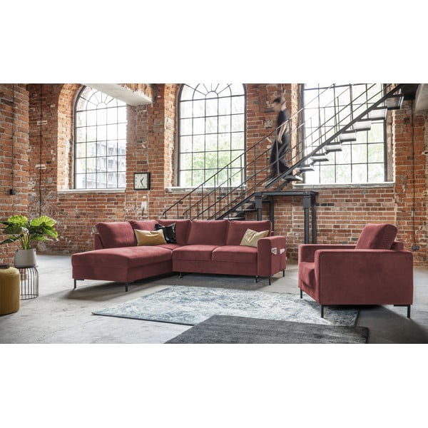 Rožnata žametna raztegljiva kotna sedežna garnitura (levi kot) Lofty Lilly – Miuform-image-1