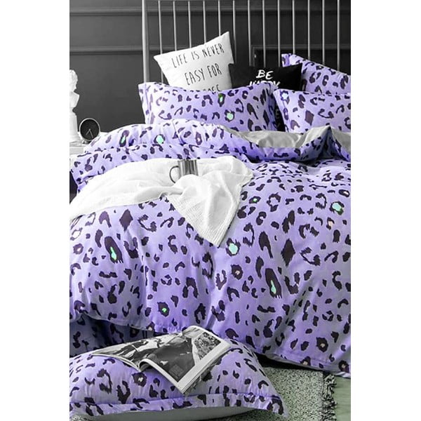 Vijolična podaljšana bombažna posteljnina za zakonsko posteljo z rjuho 200x220 cm Leopard – Mila Home