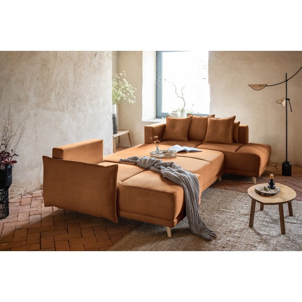 Opečnato oranžna raztegljiva kotna sedežna garnitura iz rebrastega žameta (desni kot/v obliki črke "U") Lazy Lukka – Miuform-image-4