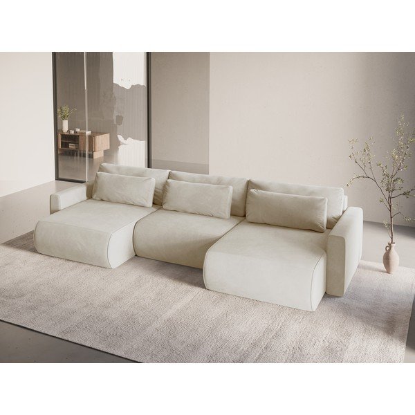 Bež žametna raztegljiva kotna sedežna garnitura s prostorom za shranjevanje (v obliki črke "U") Belfast – Cosmopolitan Design-image-1