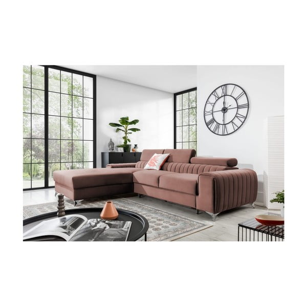 Rožnata žametna raztegljiva/s prostorom za shranjevanje kotna sedežna garnitura (levi kot/z ležalnikom) Grayson – ELTAP-image-1