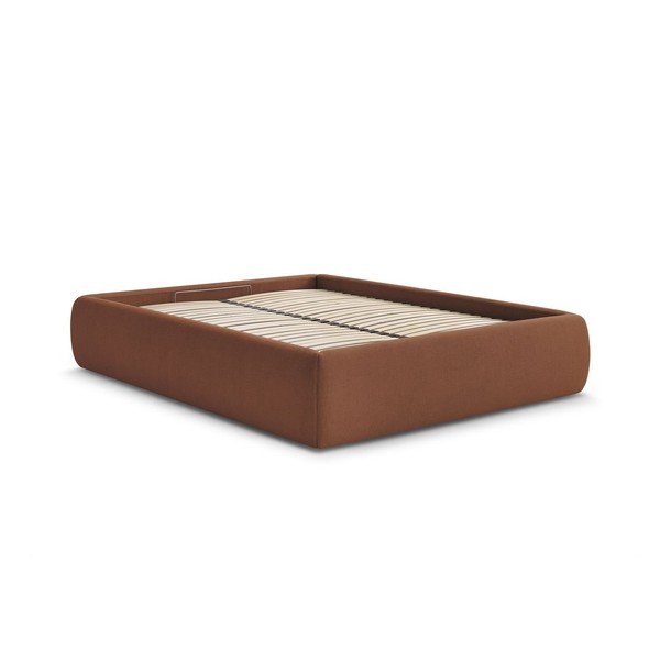 Oranžna oblazinjena zakonska postelja s prostorom za shranjevanje brez vzglavja z letvenim dnom 160x200 cm Inera – Bobochic Paris