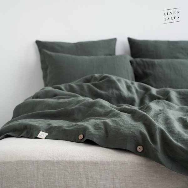 Temno zelena enojna/podaljšana lanena prevleka za odejo 140x220 cm Forest Green  – Linen Tales-image-4