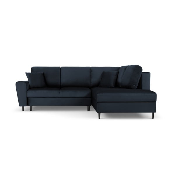 Temno modra žametna raztegljiva kotna sedežna garnitura s prostorom za shranjevanje (desni kot/v obliki črke L) Kyoto – Cosmopolitan Design
