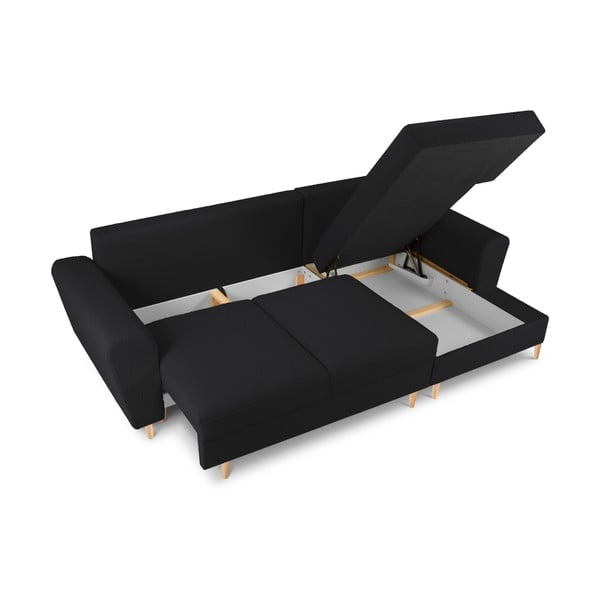 Črna raztegljiva kotna sedežna garnitura s prostorom za shranjevanje iz tkanine bouclé (desni kot/z ležalnikom) Kyoto – Cosmopolitan Design-image-3