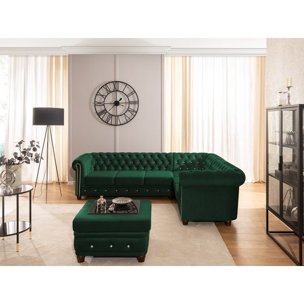 Zelena žametna raztegljiva kotna sedežna garnitura (desni kot/v obliki črke L) York Blik – Ropez-image-4