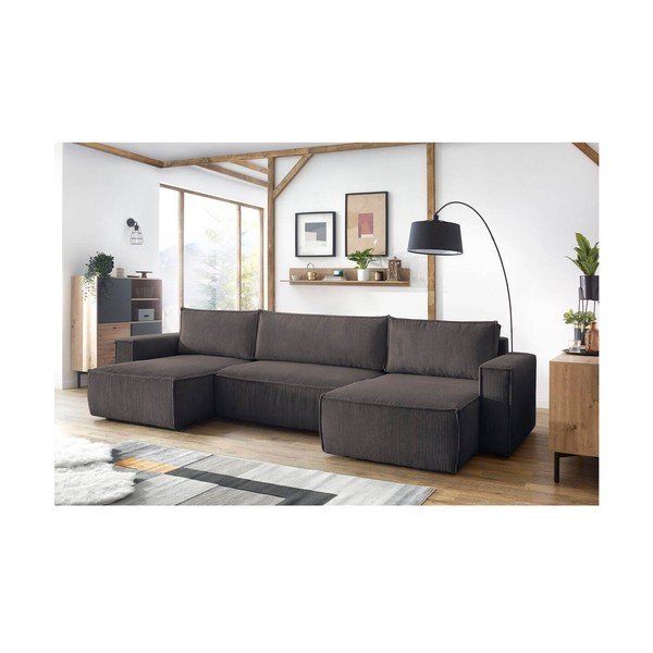 Sivorjava raztegljiva kotna sedežna garnitura iz rebrastega žameta (v obliki črke "U") Nihad – Bobochic Paris-image-1