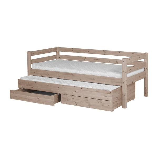 Rjava otroška postelja iz borovega lesa z izvlečno posteljo in 2 predaloma Flexa Classic, 90 x 200 cm