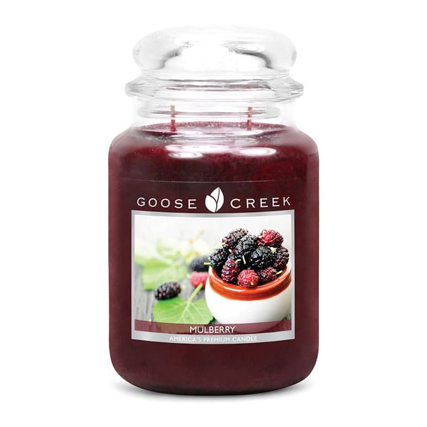 Dišeča sveča Goose Creek Dark Mulberry v steklenem kozarcu, čas gorenja 150 ur