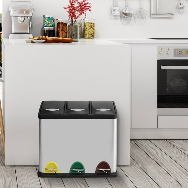 Jeklen koš za smeti za ločevanje odpadkov v mat srebrni barvi s pedalom 3x8 l Tri Selectif – MSV-image-1