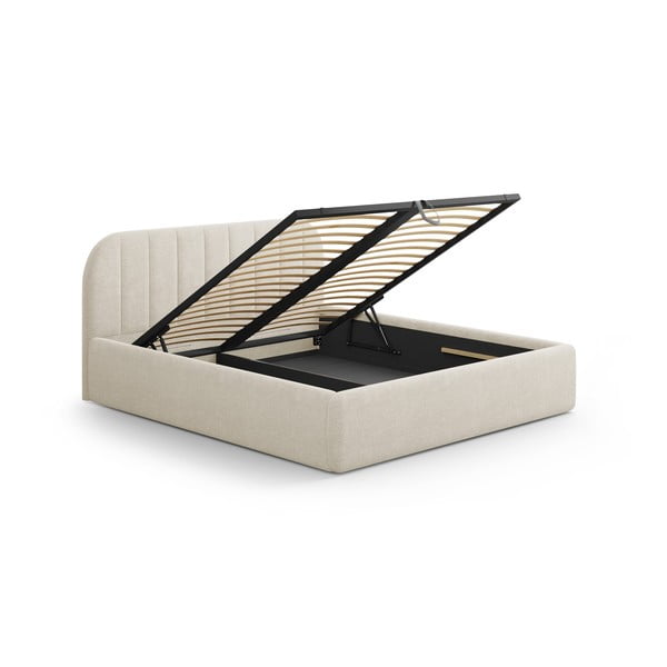 Kremno bela oblazinjena zakonska postelja s prostorom za shranjevanje z letvenim dnom 160x200 cm Juno – Windsor & Co Sofas-image-3
