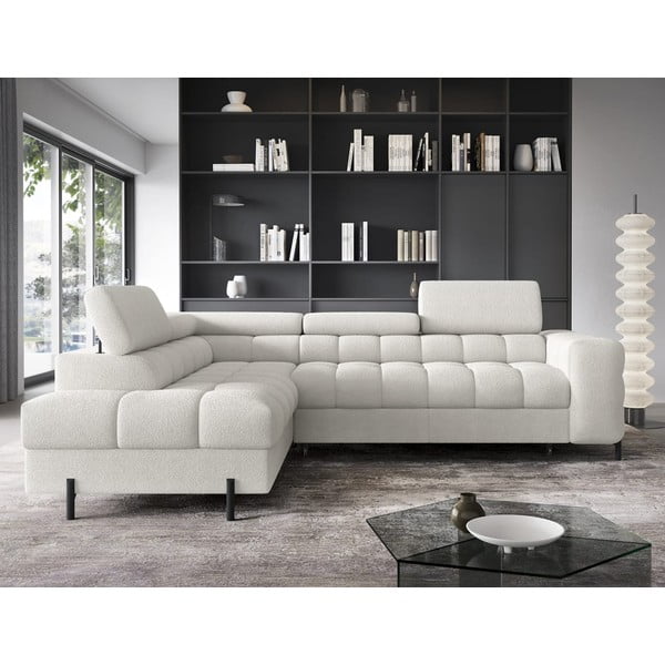 Kremno bela raztegljiva/s prostorom za shranjevanje kotna sedežna garnitura iz tkanine bouclé (levi kot/v obliki črke L) Ferucce – ELTAP-image-1