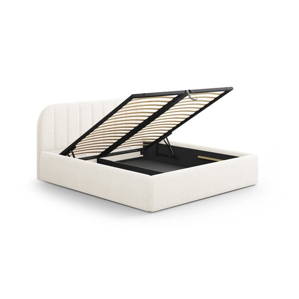 Slonokoščena oblazinjena zakonska postelja s prostorom za shranjevanje z letvenim dnom 140x200 cm Juno – Windsor & Co Sofas-image-3