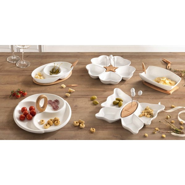 Komplet bele porcelanaste servirne posode in bambusovega pladnja Hors D'Oeuvre – Brandani-image-1