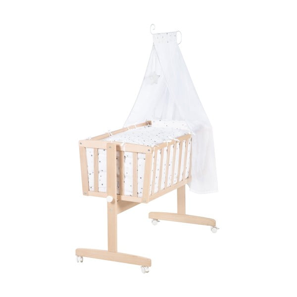 Zibelka iz masivne bukve na koleščkih z ogrodjem za baldahin 40x90 cm v naravni barvi – Roba