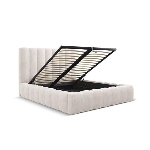 Kremno bela oblazinjena zakonska postelja s prostorom za shranjevanje z letvenim dnom 200x200 cm Kelp – Micadoni Home-image-2