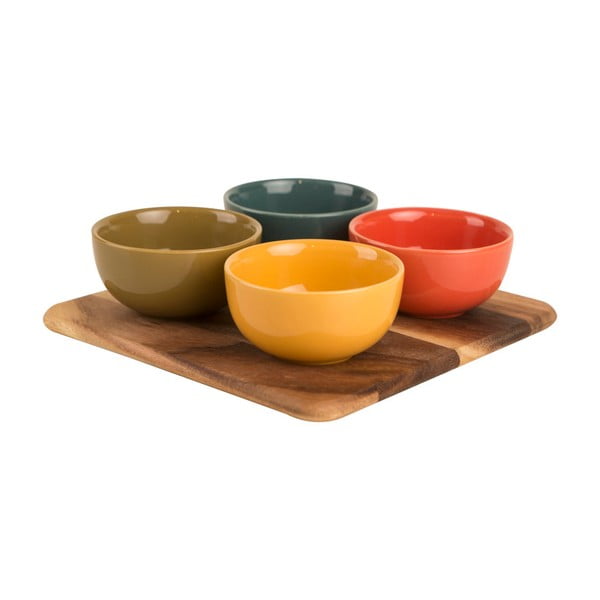 Komplet 4 posodic in deske za sekljanje iz akacijevega lesa T&G Woodware Dip Dish Set Colora