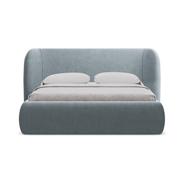 Svetlo modra oblazinjena zakonska postelja s prostorom za shranjevanje z letvenim dnom 160x200 cm Hauke – Makamii-image-4