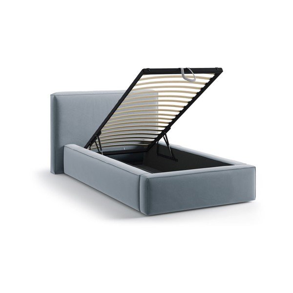 Svetlo modra oblazinjena postelja s prostorom za shranjevanje in z letvenim dnom 90x200 cm Jodie – Micadoni -image-1